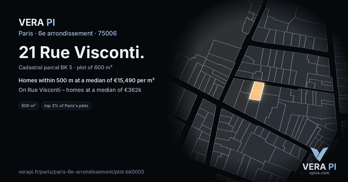 21 Rue Visconti, 6e arrondissement at night – the plot lit, the parcels around coloured by the prices near them