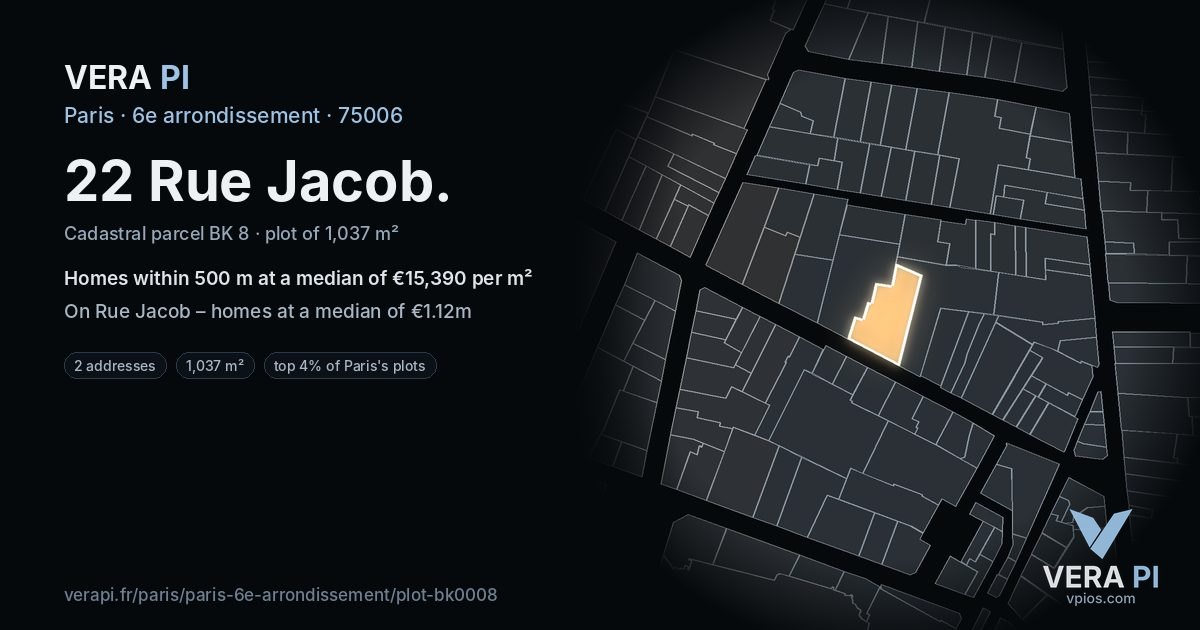 22 Rue Jacob, 6e arrondissement at night – the plot lit, the parcels around coloured by the prices near them