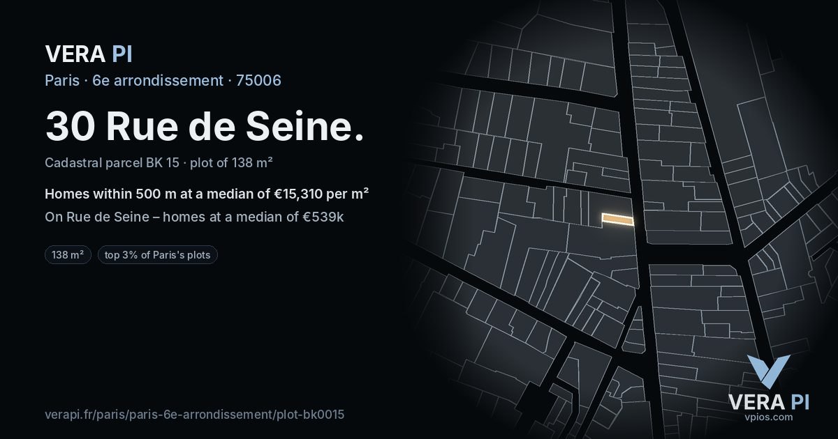 30 Rue de Seine, 6e arrondissement at night – the plot lit, the parcels around coloured by the prices near them