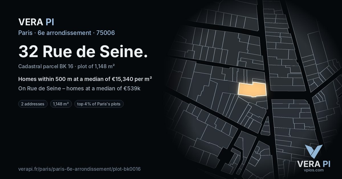32 Rue de Seine, 6e arrondissement at night – the plot lit, the parcels around coloured by the prices near them