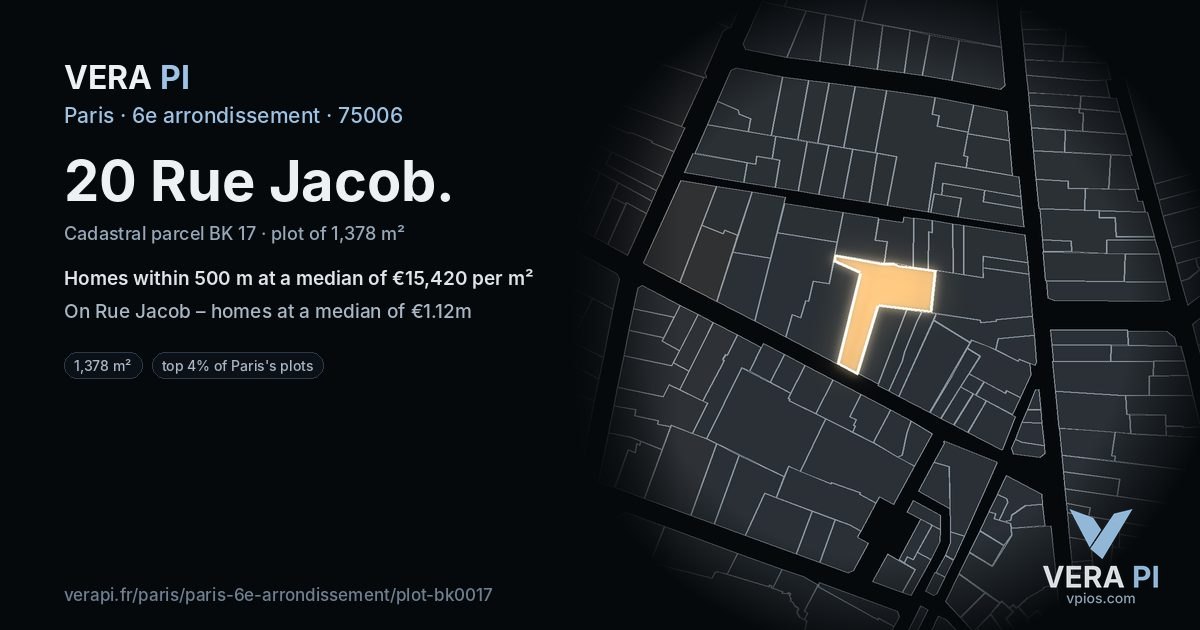20 Rue Jacob, 6e arrondissement at night – the plot lit, the parcels around coloured by the prices near them