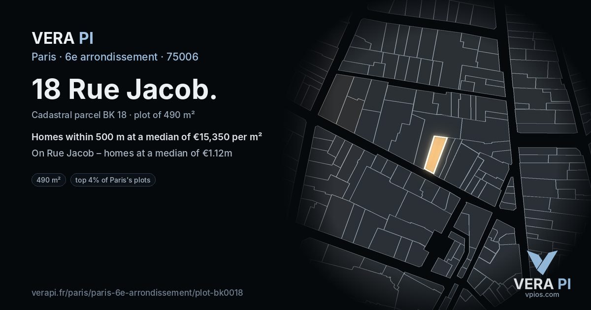 18 Rue Jacob, 6e arrondissement at night – the plot lit, the parcels around coloured by the prices near them