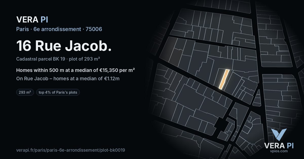 16 Rue Jacob, 6e arrondissement at night – the plot lit, the parcels around coloured by the prices near them