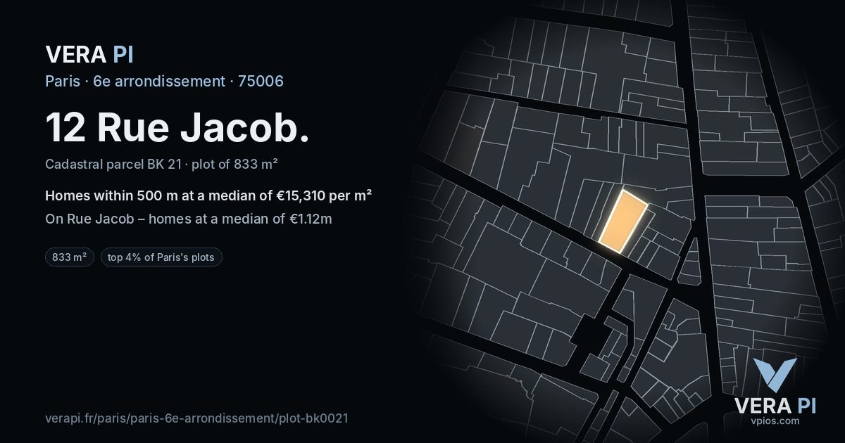 12 Rue Jacob, 6e arrondissement at night – the plot lit, the parcels around coloured by the prices near them
