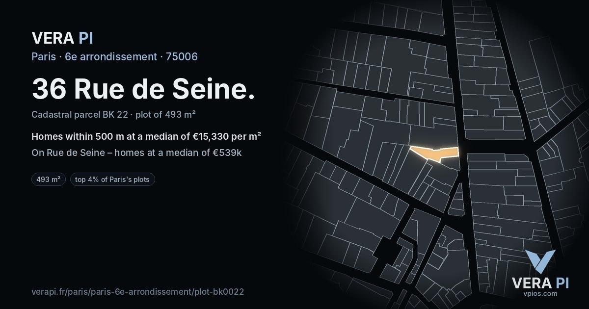 36 Rue de Seine, 6e arrondissement at night – the plot lit, the parcels around coloured by the prices near them