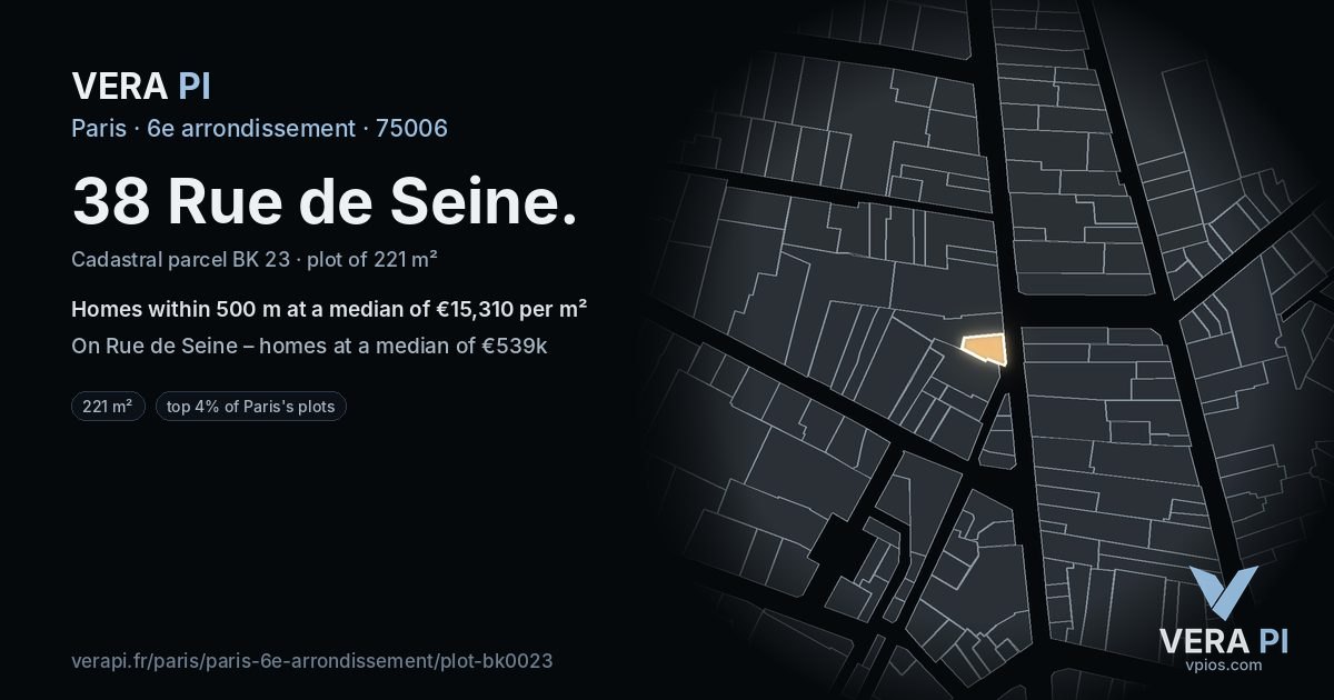 38 Rue de Seine, 6e arrondissement at night – the plot lit, the parcels around coloured by the prices near them