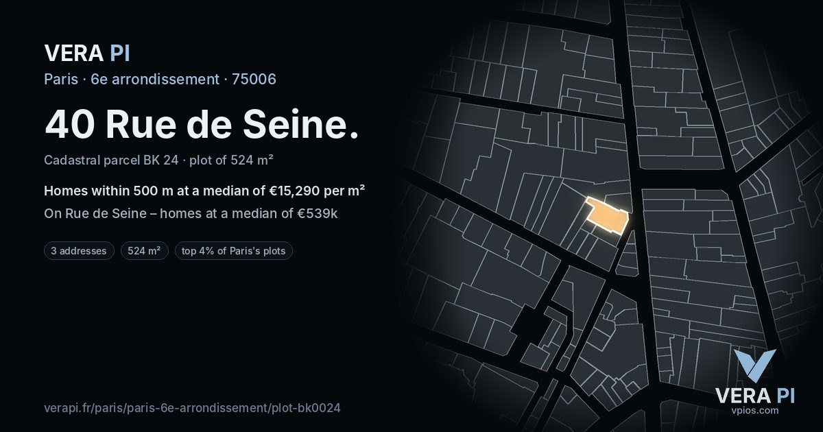 40 Rue de Seine, 6e arrondissement at night – the plot lit, the parcels around coloured by the prices near them