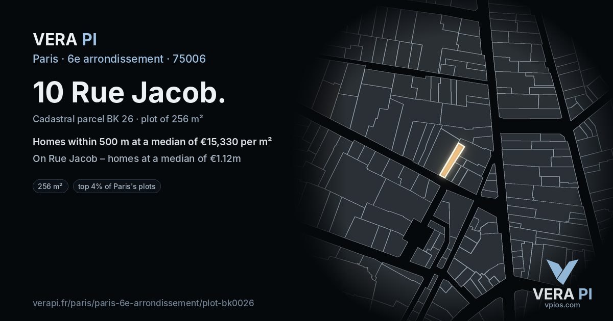 10 Rue Jacob, 6e arrondissement at night – the plot lit, the parcels around coloured by the prices near them