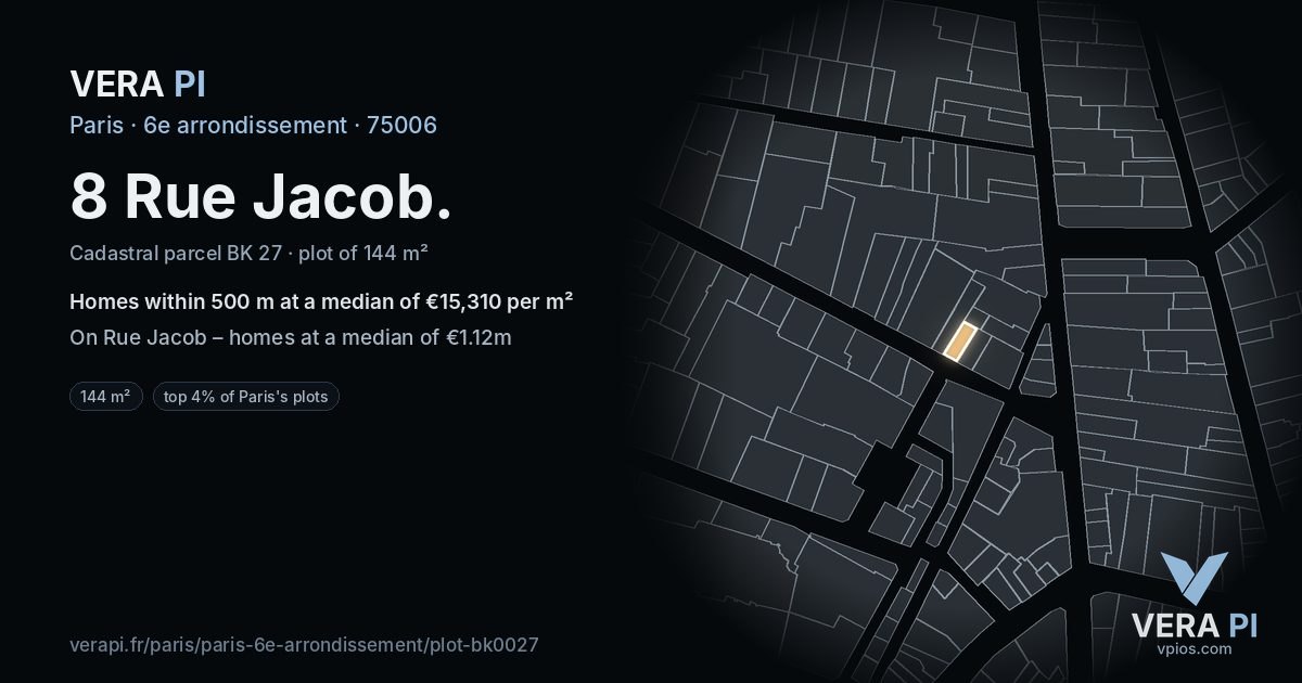 8 Rue Jacob, 6e arrondissement at night – the plot lit, the parcels around coloured by the prices near them