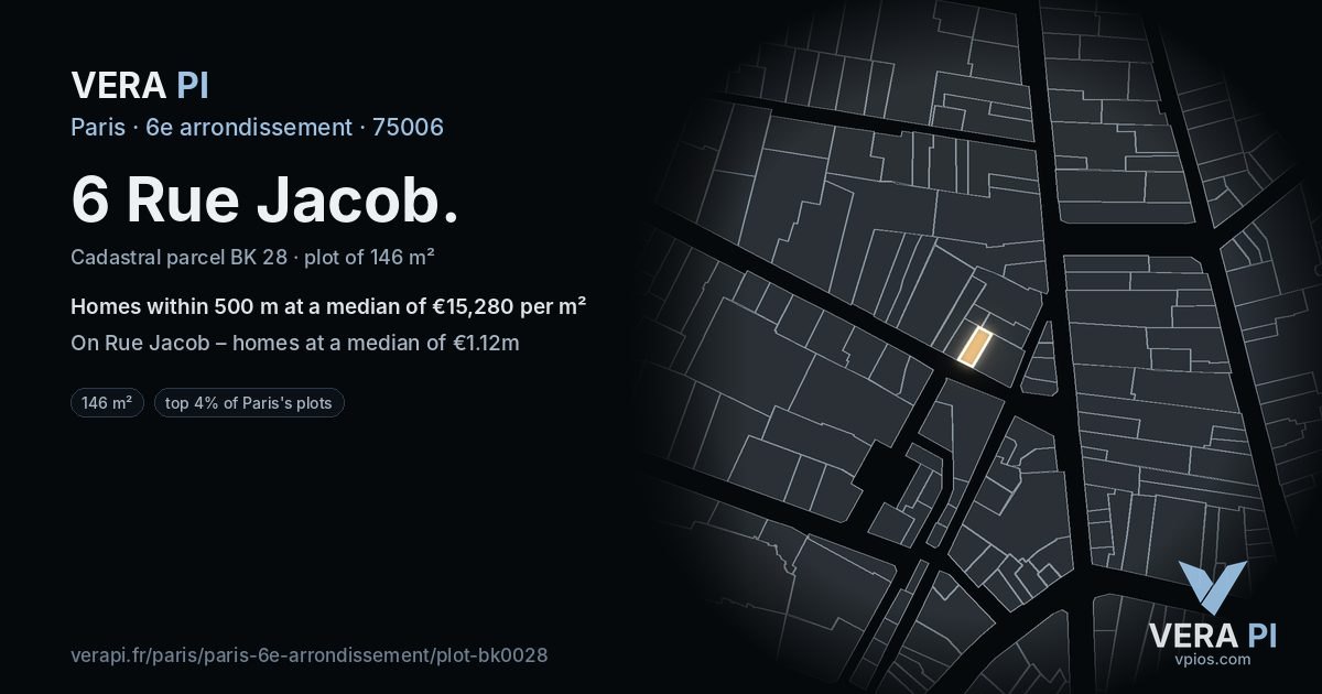 6 Rue Jacob, 6e arrondissement at night – the plot lit, the parcels around coloured by the prices near them