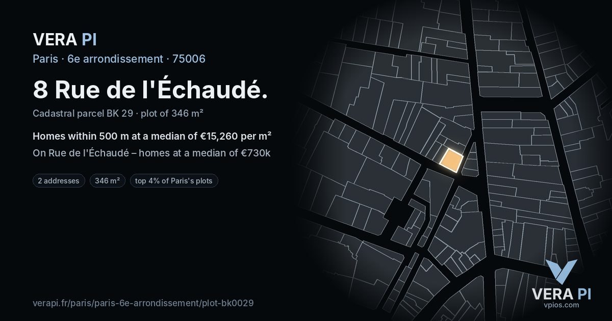 8 Rue de l'Échaudé, 6e arrondissement at night – the plot lit, the parcels around coloured by the prices near them