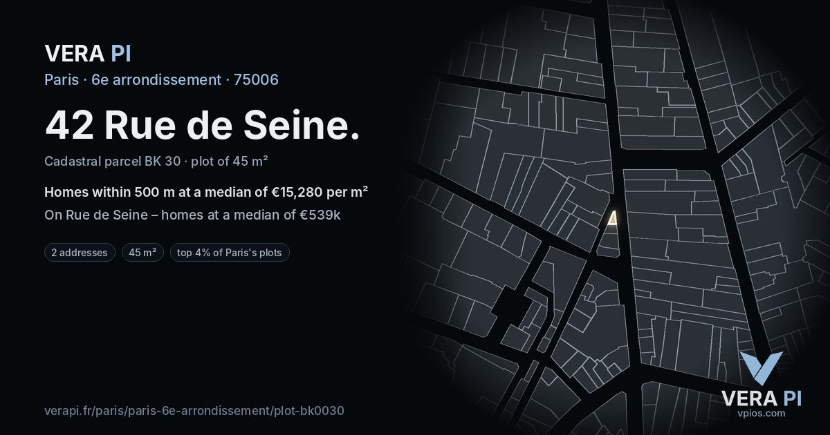 42 Rue de Seine, 6e arrondissement at night – the plot lit, the parcels around coloured by the prices near them
