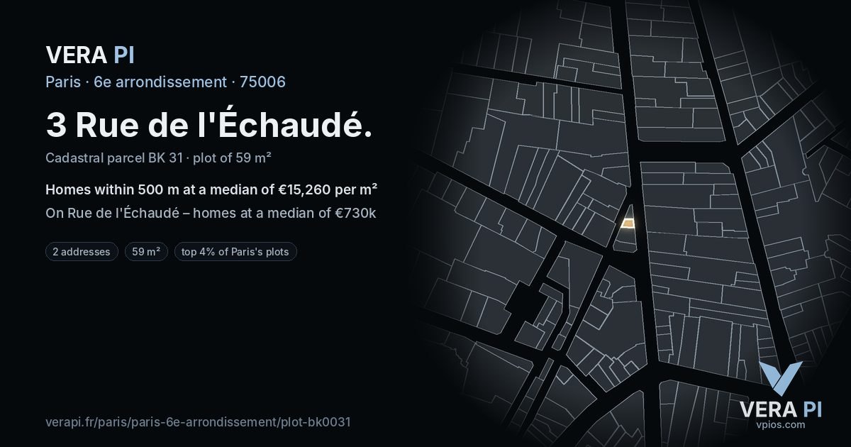 3 Rue de l'Échaudé, 6e arrondissement at night – the plot lit, the parcels around coloured by the prices near them