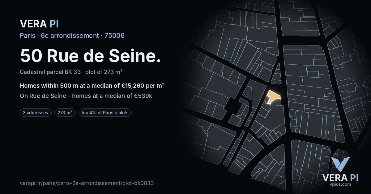 50 Rue de Seine, 6e arrondissement at night – the plot lit, the parcels around coloured by the prices near them
