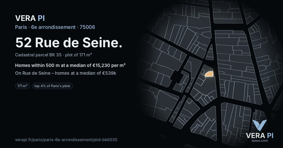 52 Rue de Seine, 6e arrondissement at night – the plot lit, the parcels around coloured by the prices near them