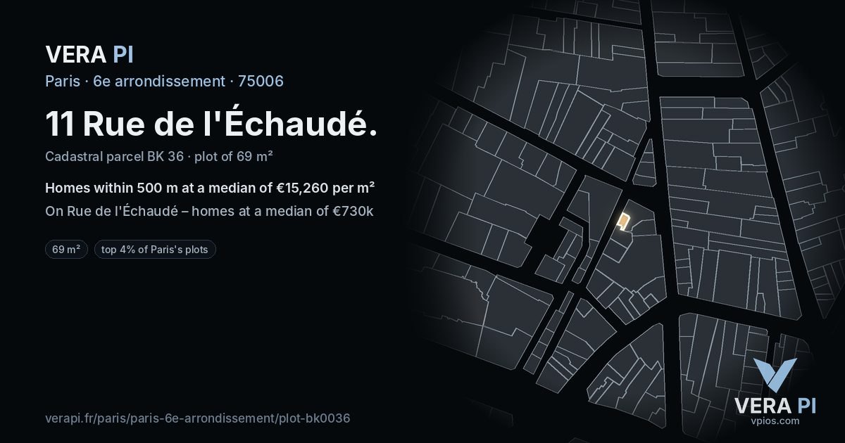 11 Rue de l'Échaudé, 6e arrondissement at night – the plot lit, the parcels around coloured by the prices near them