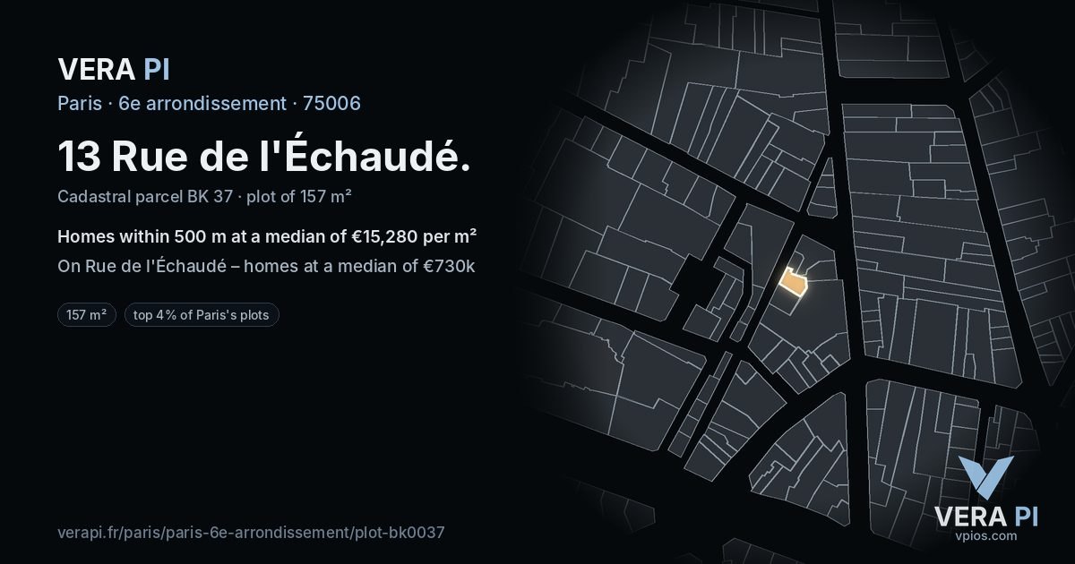 13 Rue de l'Échaudé, 6e arrondissement at night – the plot lit, the parcels around coloured by the prices near them