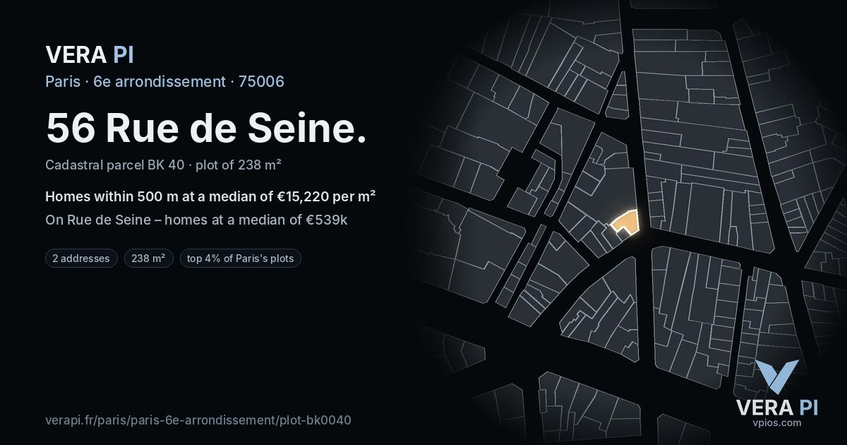 56 Rue de Seine, 6e arrondissement at night – the plot lit, the parcels around coloured by the prices near them