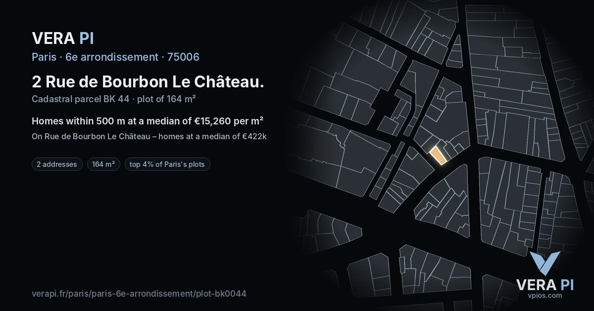 2 Rue de Bourbon Le Château, 6e arrondissement at night – the plot lit, the parcels around coloured by the prices near them