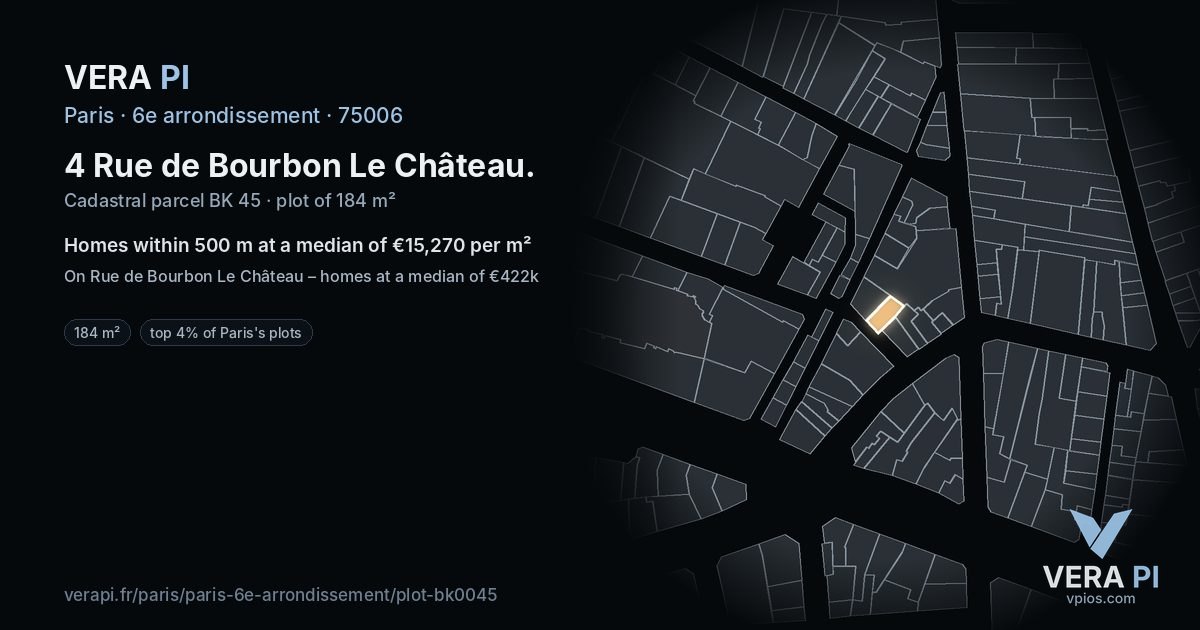 4 Rue de Bourbon Le Château, 6e arrondissement at night – the plot lit, the parcels around coloured by the prices near them