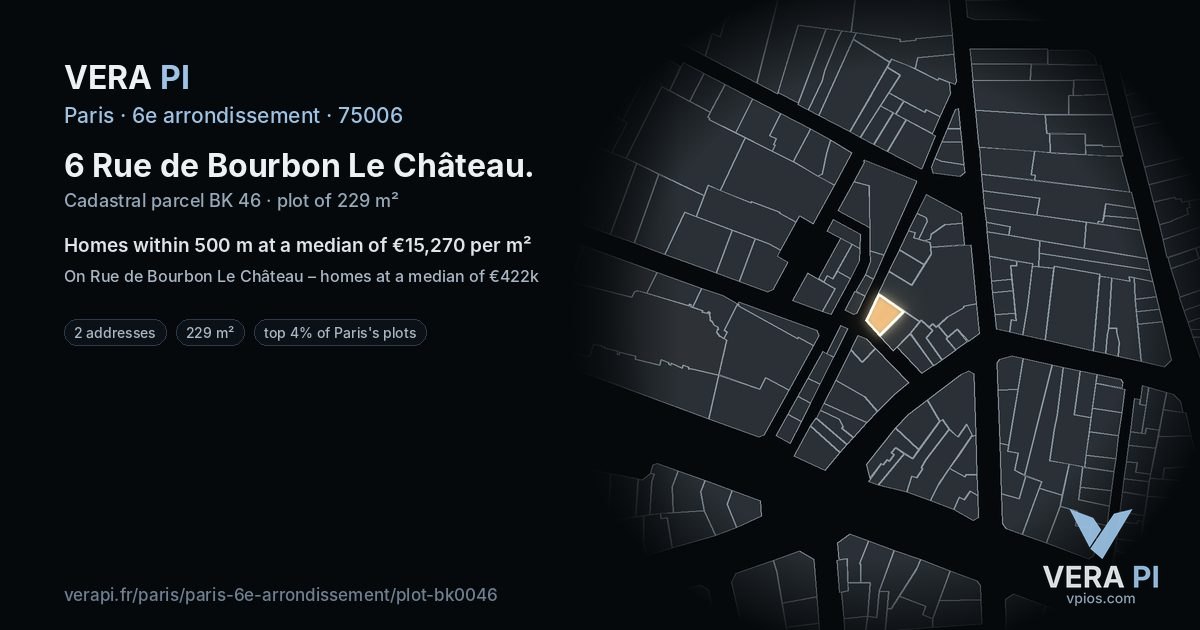 6 Rue de Bourbon Le Château, 6e arrondissement at night – the plot lit, the parcels around coloured by the prices near them
