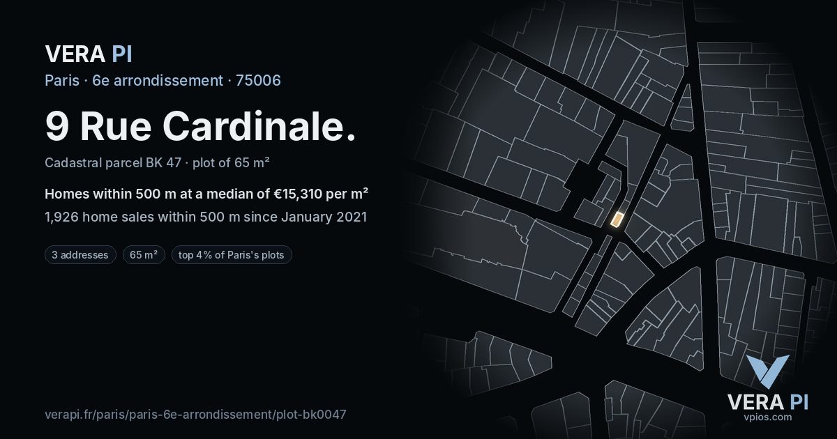 9 Rue Cardinale, 6e arrondissement at night – the plot lit, the parcels around coloured by the prices near them