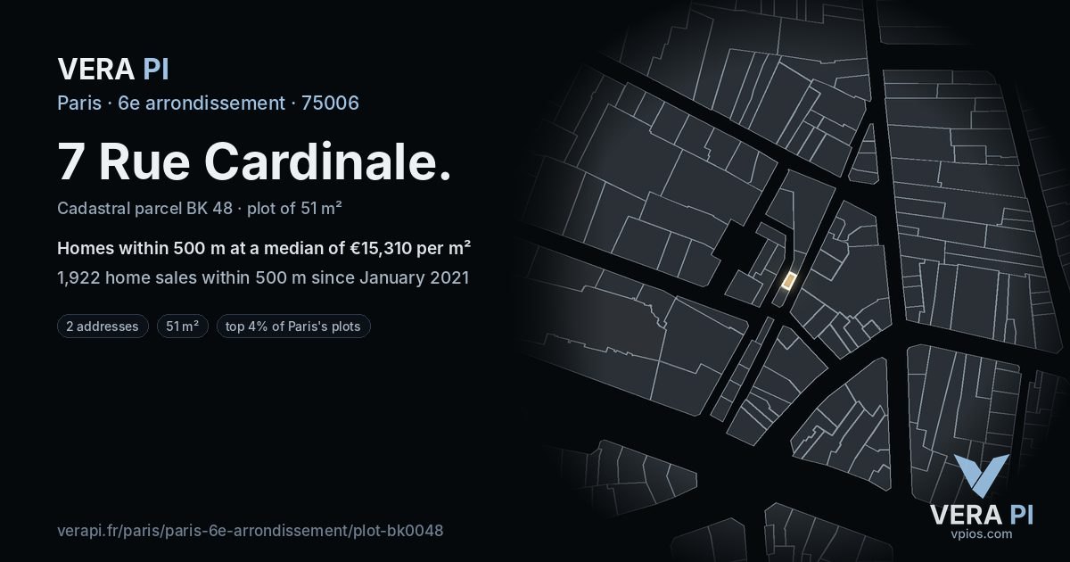 7 Rue Cardinale, 6e arrondissement at night – the plot lit, the parcels around coloured by the prices near them