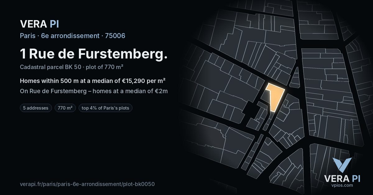 1 Rue de Furstemberg, 6e arrondissement at night – the plot lit, the parcels around coloured by the prices near them