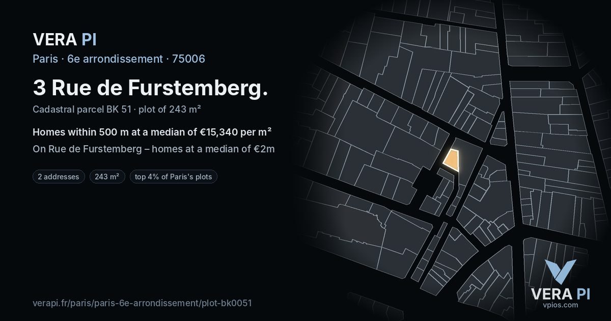3 Rue de Furstemberg, 6e arrondissement at night – the plot lit, the parcels around coloured by the prices near them
