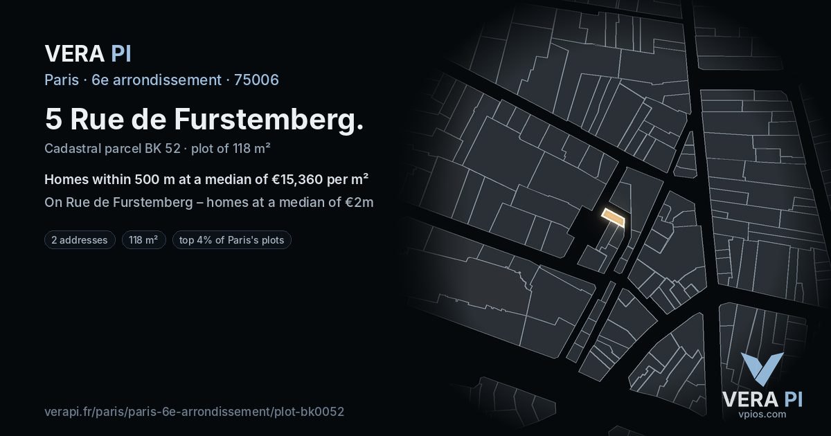 5 Rue de Furstemberg, 6e arrondissement at night – the plot lit, the parcels around coloured by the prices near them