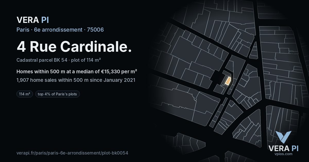 4 Rue Cardinale, 6e arrondissement at night – the plot lit, the parcels around coloured by the prices near them