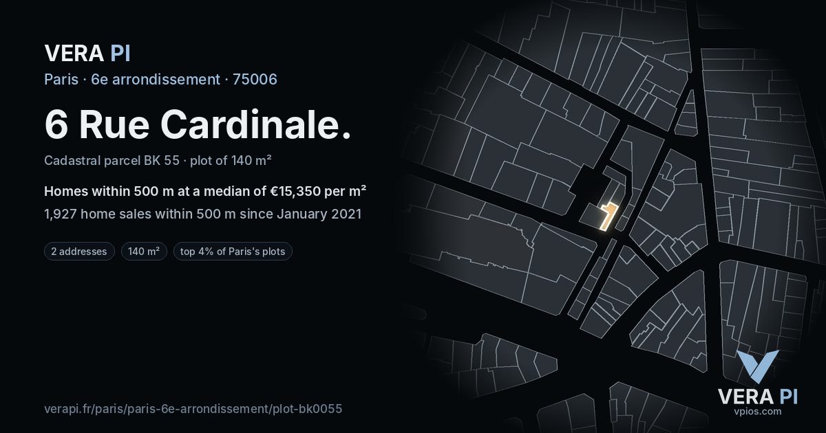 6 Rue Cardinale, 6e arrondissement at night – the plot lit, the parcels around coloured by the prices near them