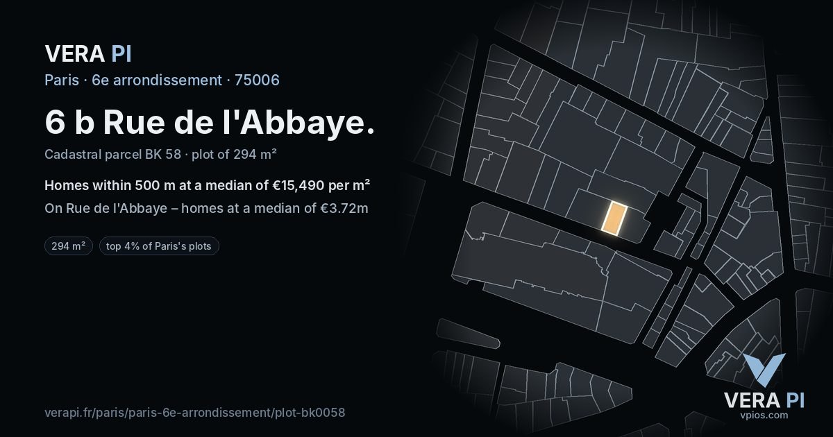 6 b Rue de l'Abbaye, 6e arrondissement at night – the plot lit, the parcels around coloured by the prices near them