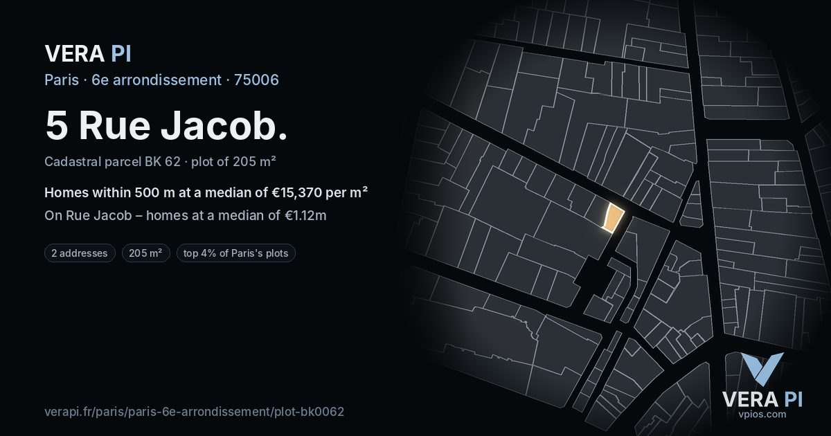 5 Rue Jacob, 6e arrondissement at night – the plot lit, the parcels around coloured by the prices near them