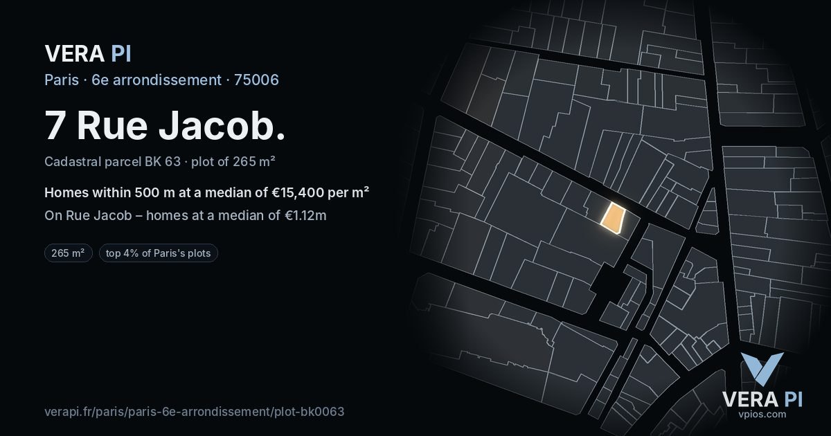 7 Rue Jacob, 6e arrondissement at night – the plot lit, the parcels around coloured by the prices near them