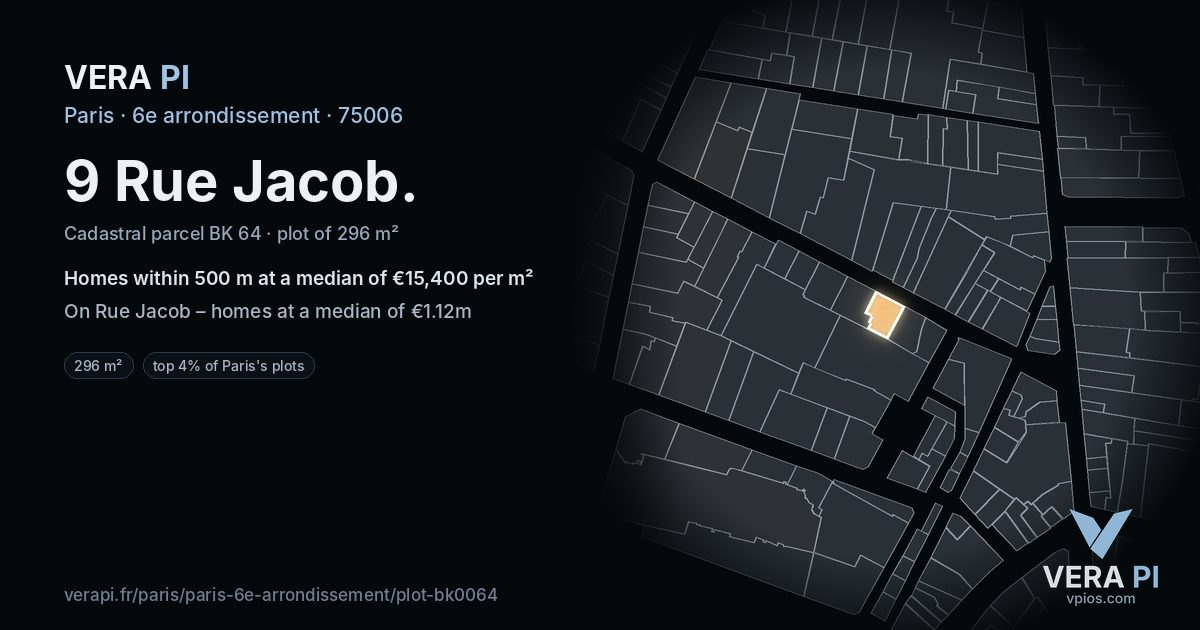 9 Rue Jacob, 6e arrondissement at night – the plot lit, the parcels around coloured by the prices near them