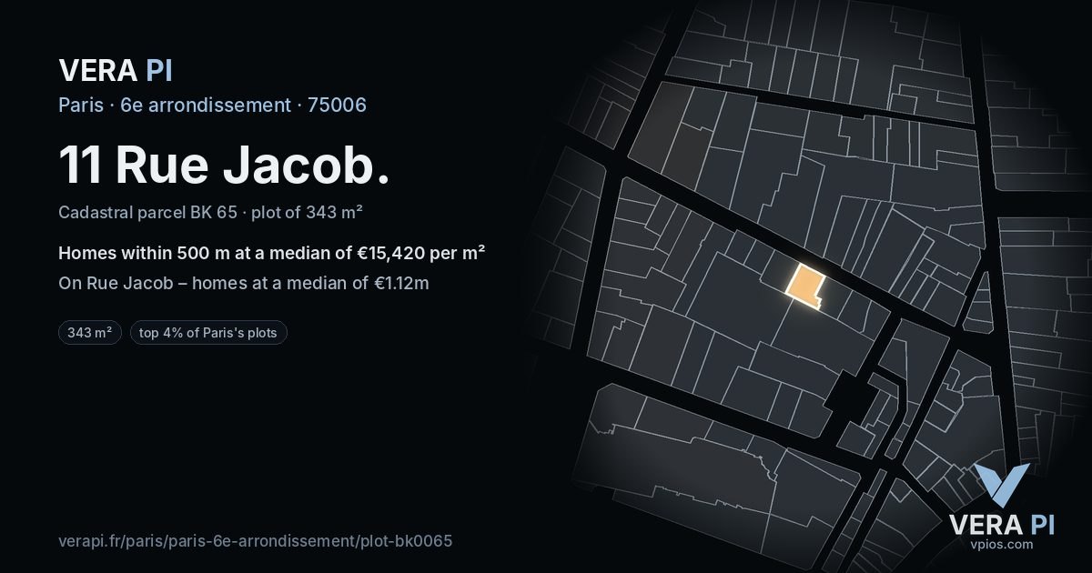 11 Rue Jacob, 6e arrondissement at night – the plot lit, the parcels around coloured by the prices near them
