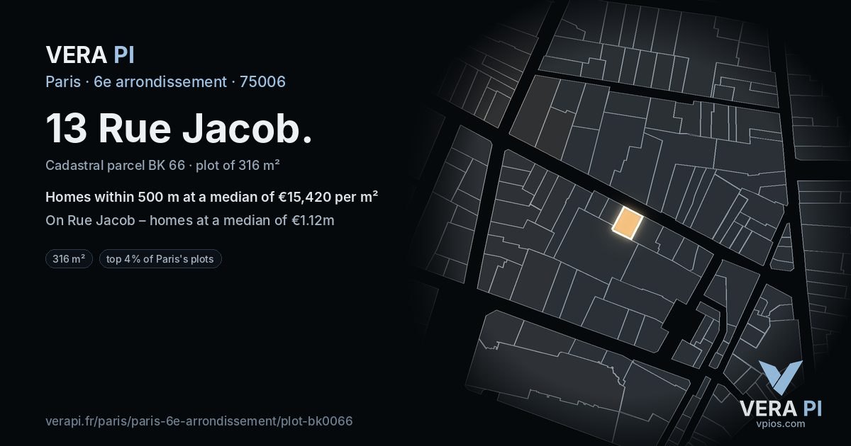 13 Rue Jacob, 6e arrondissement at night – the plot lit, the parcels around coloured by the prices near them