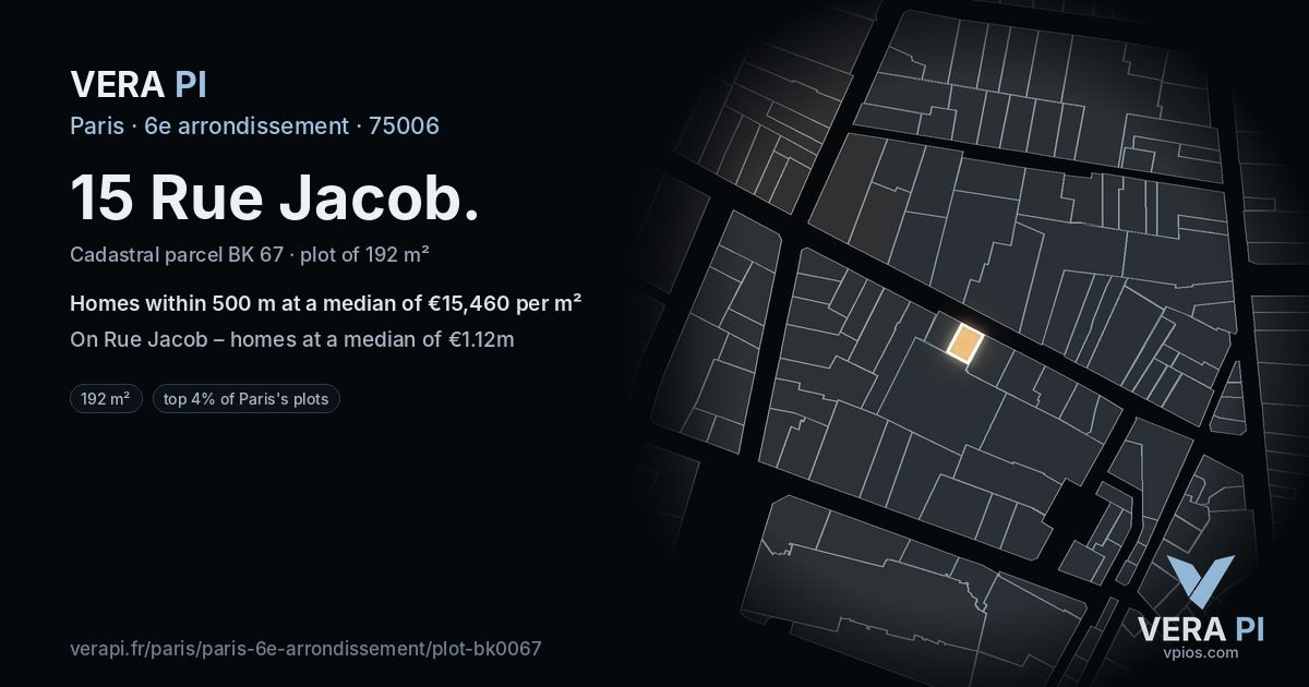 15 Rue Jacob, 6e arrondissement at night – the plot lit, the parcels around coloured by the prices near them