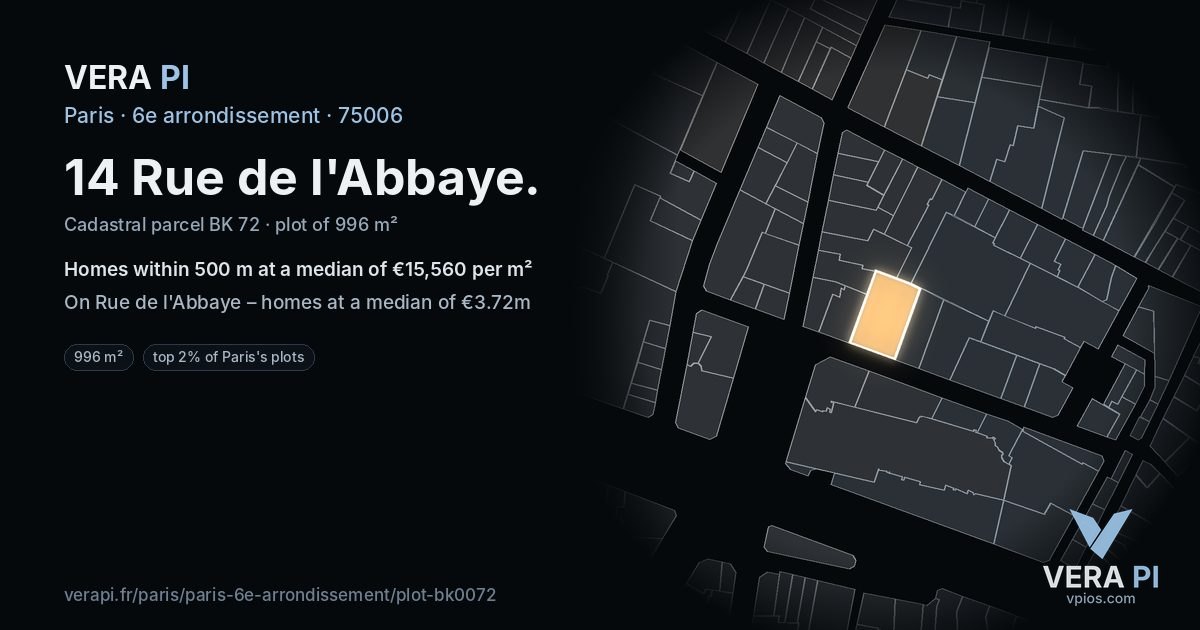 14 Rue de l'Abbaye, 6e arrondissement at night – the plot lit, the parcels around coloured by the prices near them