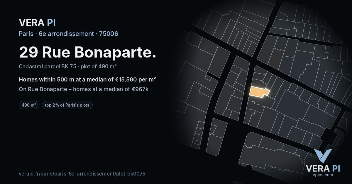 29 Rue Bonaparte, 6e arrondissement at night – the plot lit, the parcels around coloured by the prices near them