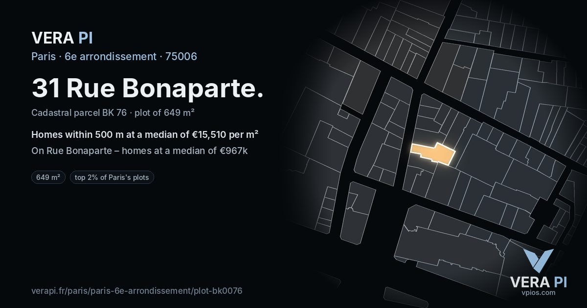 31 Rue Bonaparte, 6e arrondissement at night – the plot lit, the parcels around coloured by the prices near them