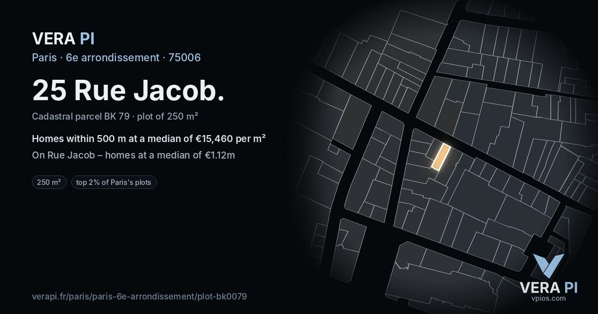 25 Rue Jacob, 6e arrondissement at night – the plot lit, the parcels around coloured by the prices near them