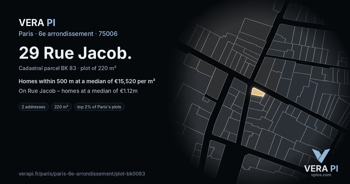 29 Rue Jacob, 6e arrondissement at night – the plot lit, the parcels around coloured by the prices near them