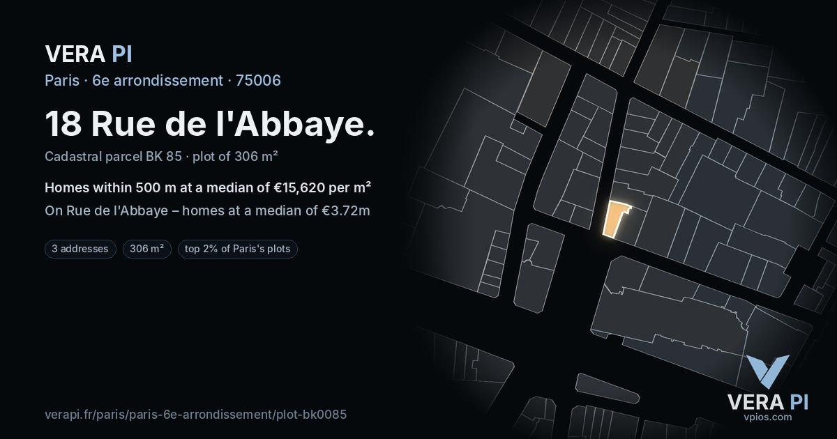 18 Rue de l'Abbaye, 6e arrondissement at night – the plot lit, the parcels around coloured by the prices near them