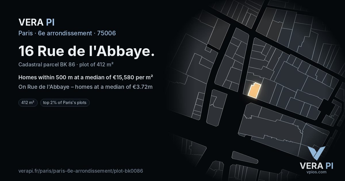 16 Rue de l'Abbaye, 6e arrondissement at night – the plot lit, the parcels around coloured by the prices near them