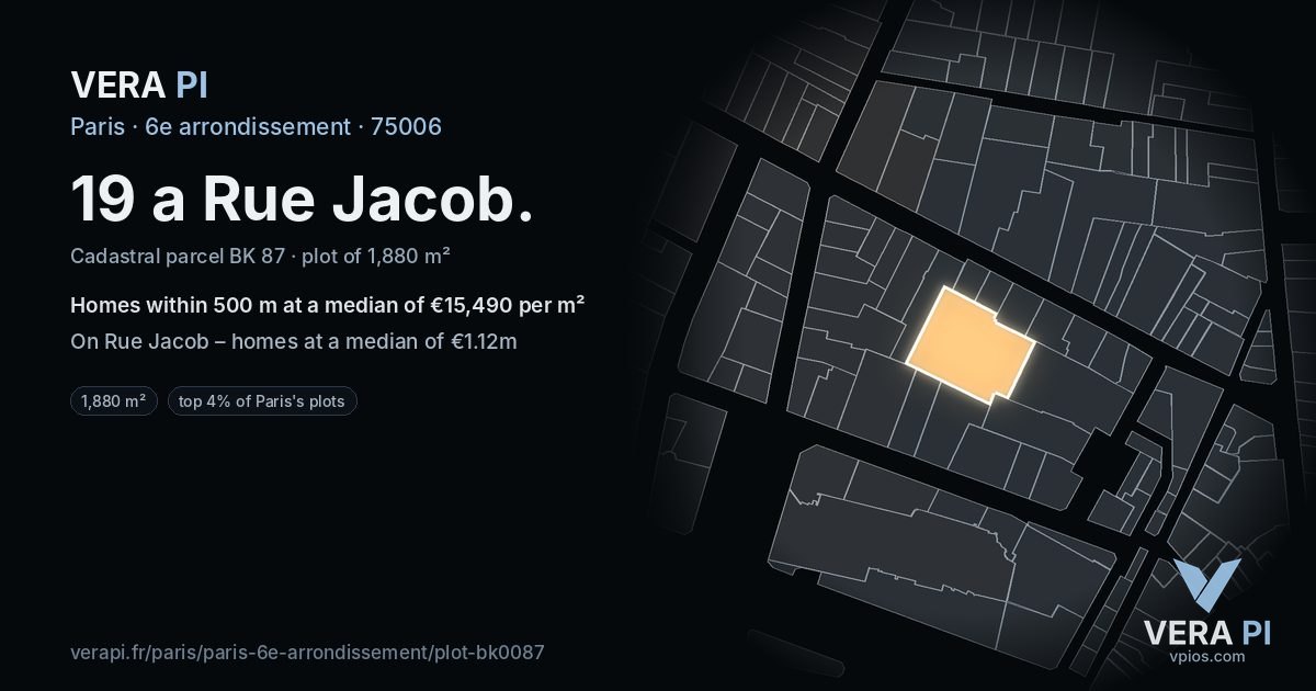 19 a Rue Jacob, 6e arrondissement at night – the plot lit, the parcels around coloured by the prices near them