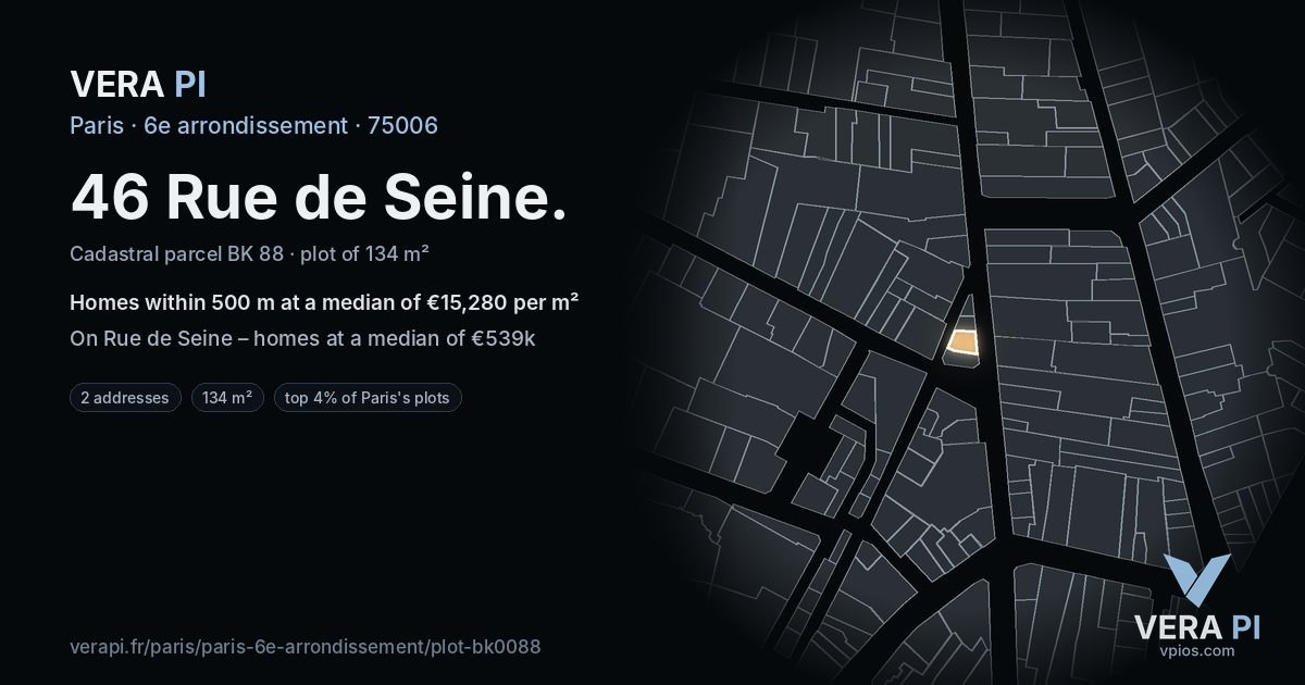 46 Rue de Seine, 6e arrondissement at night – the plot lit, the parcels around coloured by the prices near them