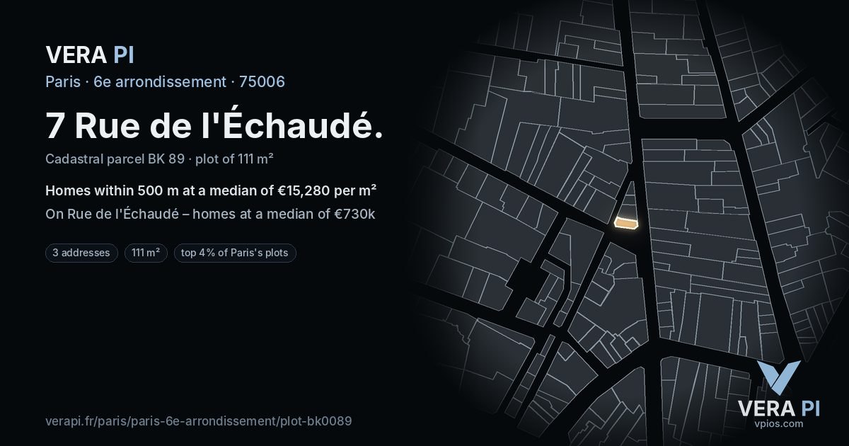 7 Rue de l'Échaudé, 6e arrondissement at night – the plot lit, the parcels around coloured by the prices near them