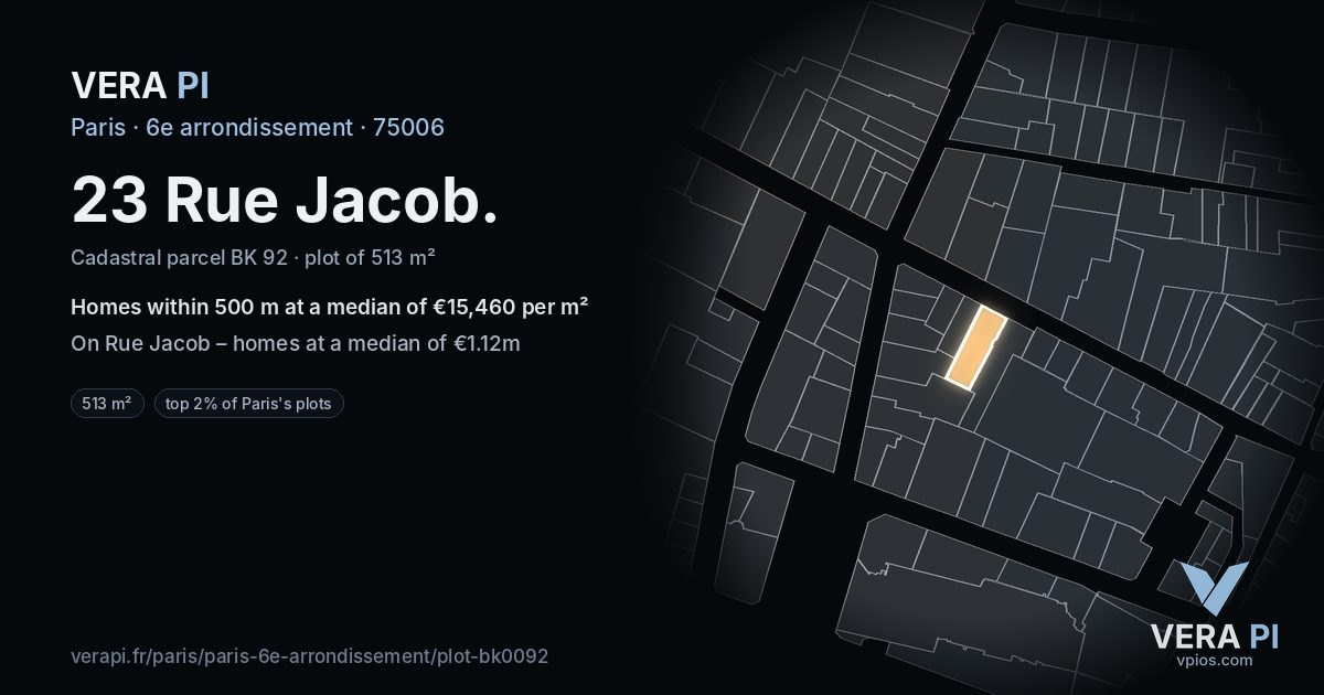 23 Rue Jacob, 6e arrondissement at night – the plot lit, the parcels around coloured by the prices near them